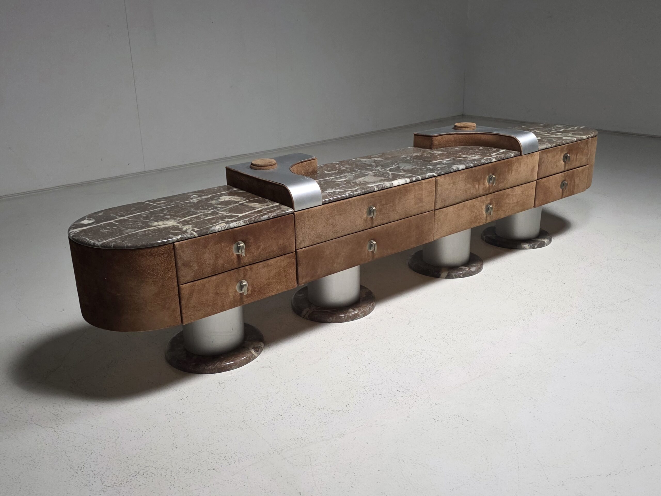 Italian sideboard in marble, suede, 1970s